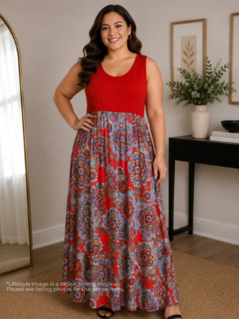 Classic Fashion XXL Red Medallion Print Sleeveless Maxi Dress Boho Summer